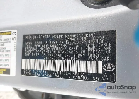 2006 Toyota Corolla Le из США, поврежденный, VIN 2T1BR32E76C656963